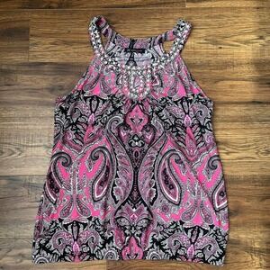 Y2K‎ Black Pink Paisley Tank Top High Neck Beaded Paris Hilton McBling Medium